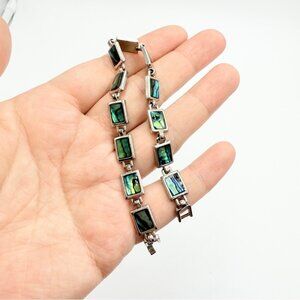 Abalone Shell Link Bracelet in Silver Tone Iridescent Ocean Green Square Inlay